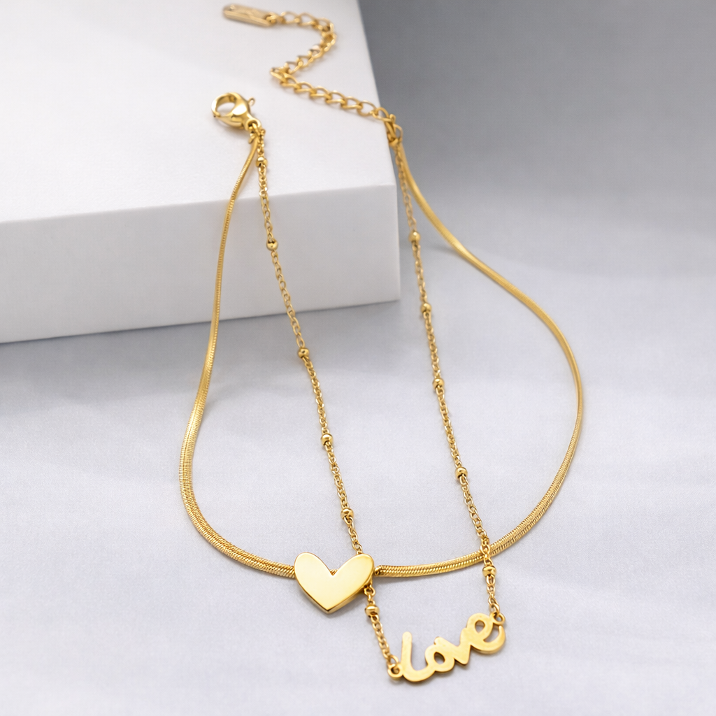 Gold Heart & Love Layered Anklet