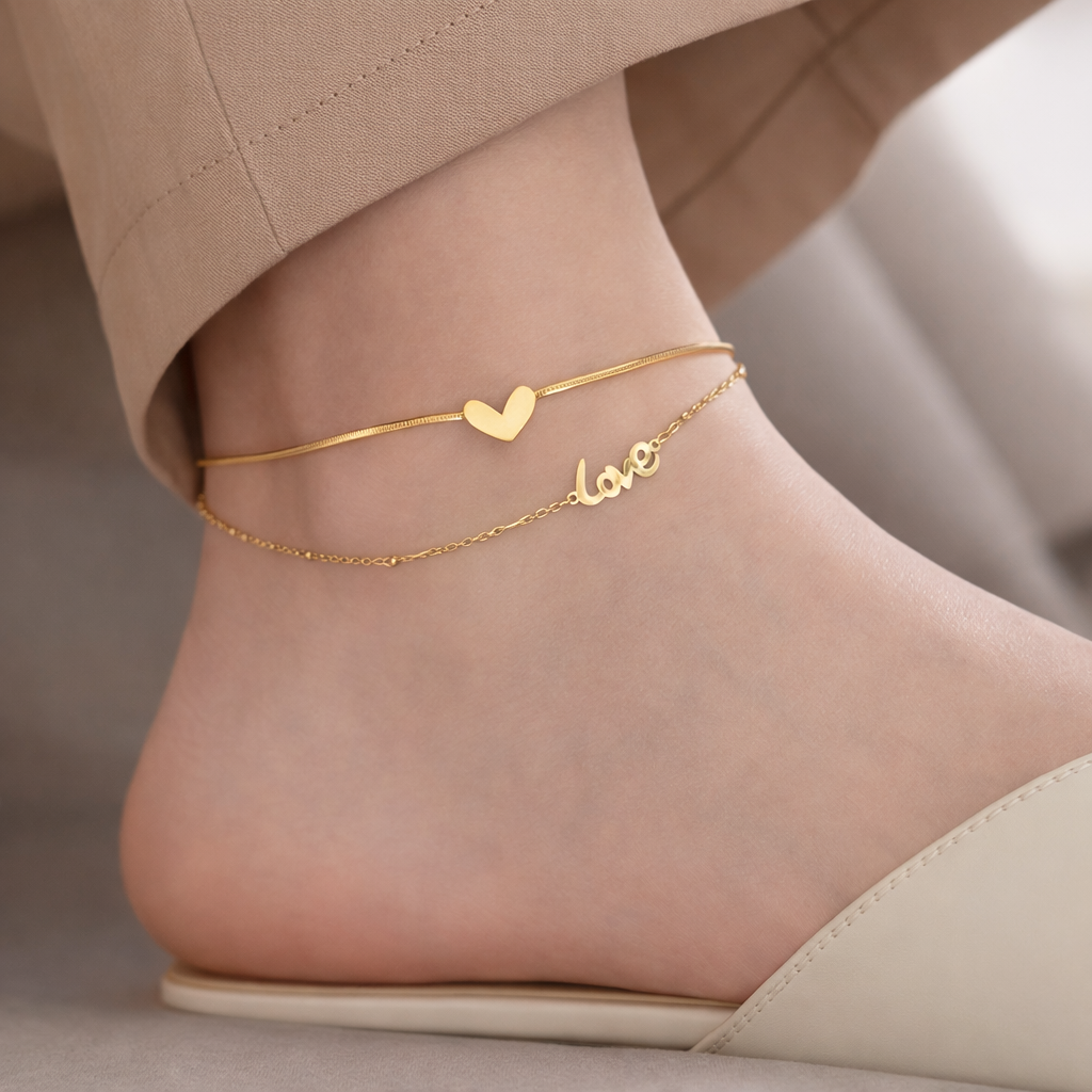 Gold Heart & Love Layered Anklet