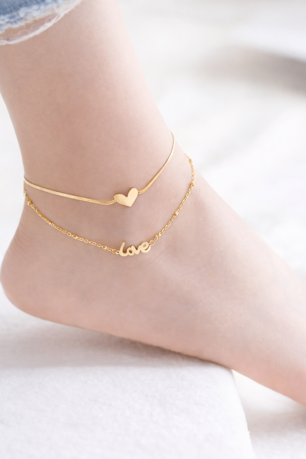 Gold Heart & Love Layered Anklet